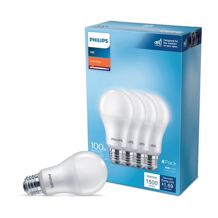 Philips Philips A19 E26 (Medium) LED Bulb Soft White 100 Watt Equivalence 4 pk 565408